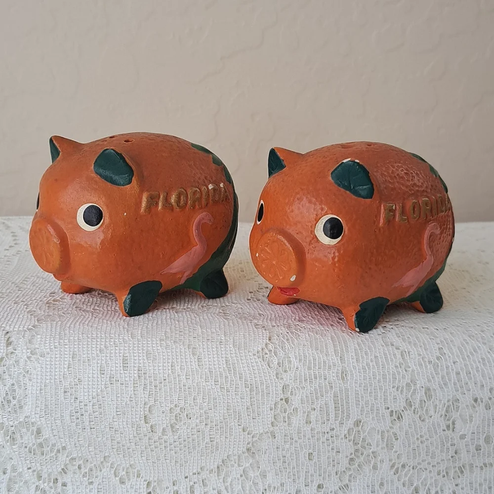 Vintage Japan Ceramic Florida Orange Fruit Pig Salt & Pepper Shakers Kitsch